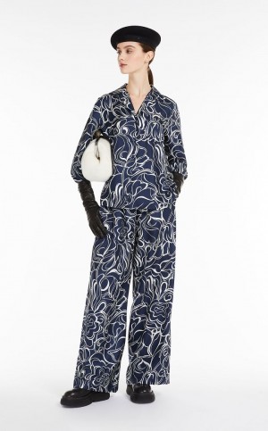 παντελόνι Max Mara Printed Silk σκουρο μπλε | MMR593802